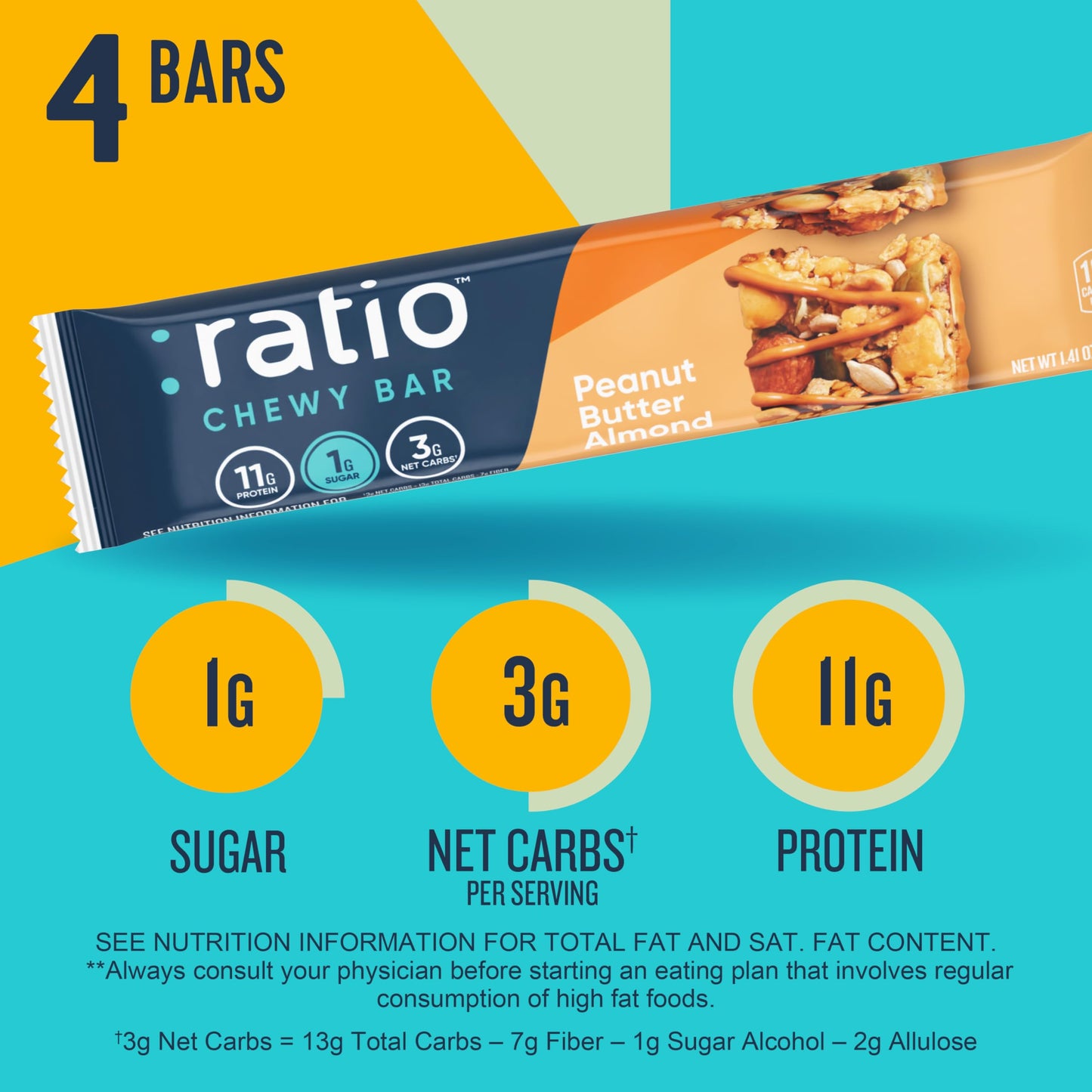 Ratio Chewy Protein Bar, Peanut Butter Almond, 11g Protein, Keto Friendly, 5.64 oz (4 Bars)