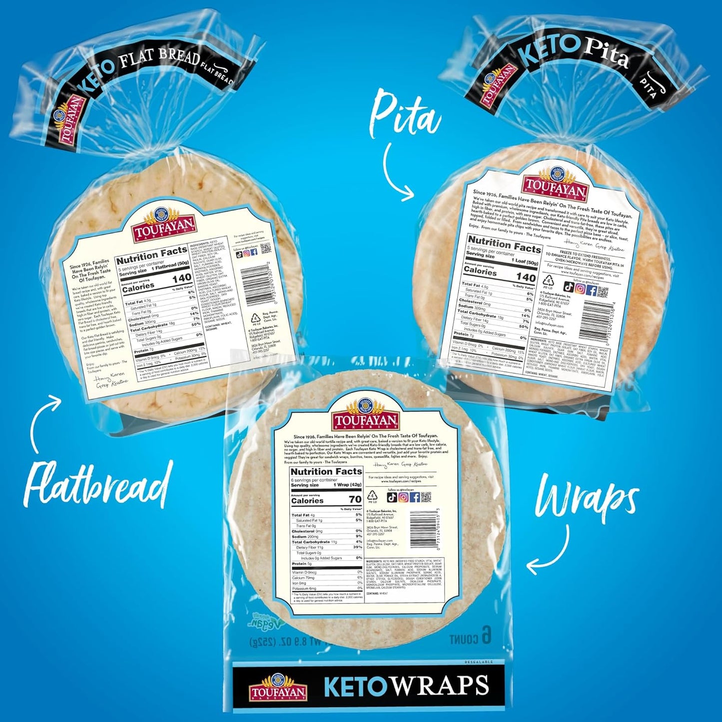 Toufayan KETO Bread Variety Pack Bundle, Includes Keto Pita Bread, Flatbread and Wraps (3 Pack)