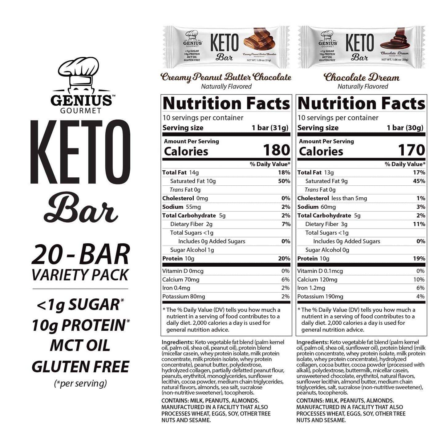 Genius Gourmet Gluten Free Keto Protein Bar, Chocolate Keto Bars, Premium MCTs, Low Carb, Low Sugar (Variety Pack, 20 Count (Pack of 1))