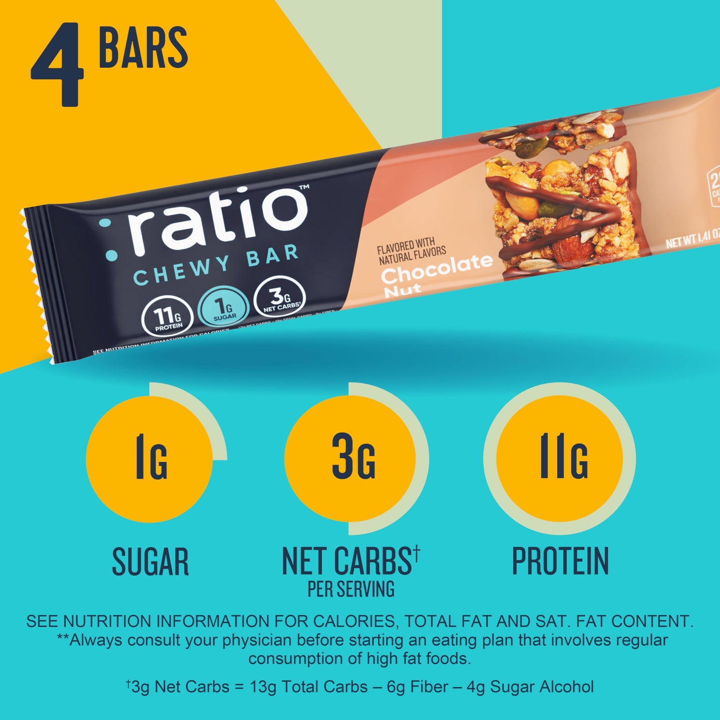 Ratio Chewy Protein Bar, Peanut Butter Almond, 11g Protein, Keto Friendly, 5.64 oz (4 Bars)