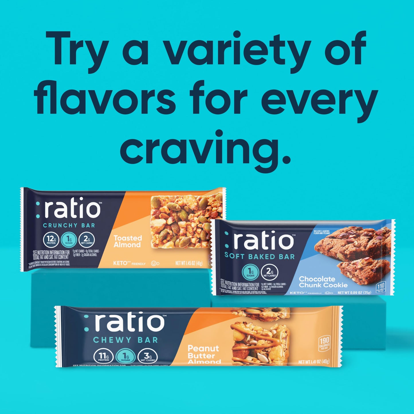 Ratio Chewy Protein Bar, Peanut Butter Almond, 11g Protein, Keto Friendly, 5.64 oz (4 Bars)