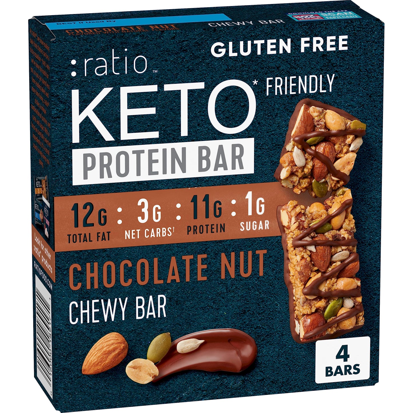 Ratio Chewy Protein Bar, Peanut Butter Almond, 11g Protein, Keto Friendly, 5.64 oz (4 Bars)