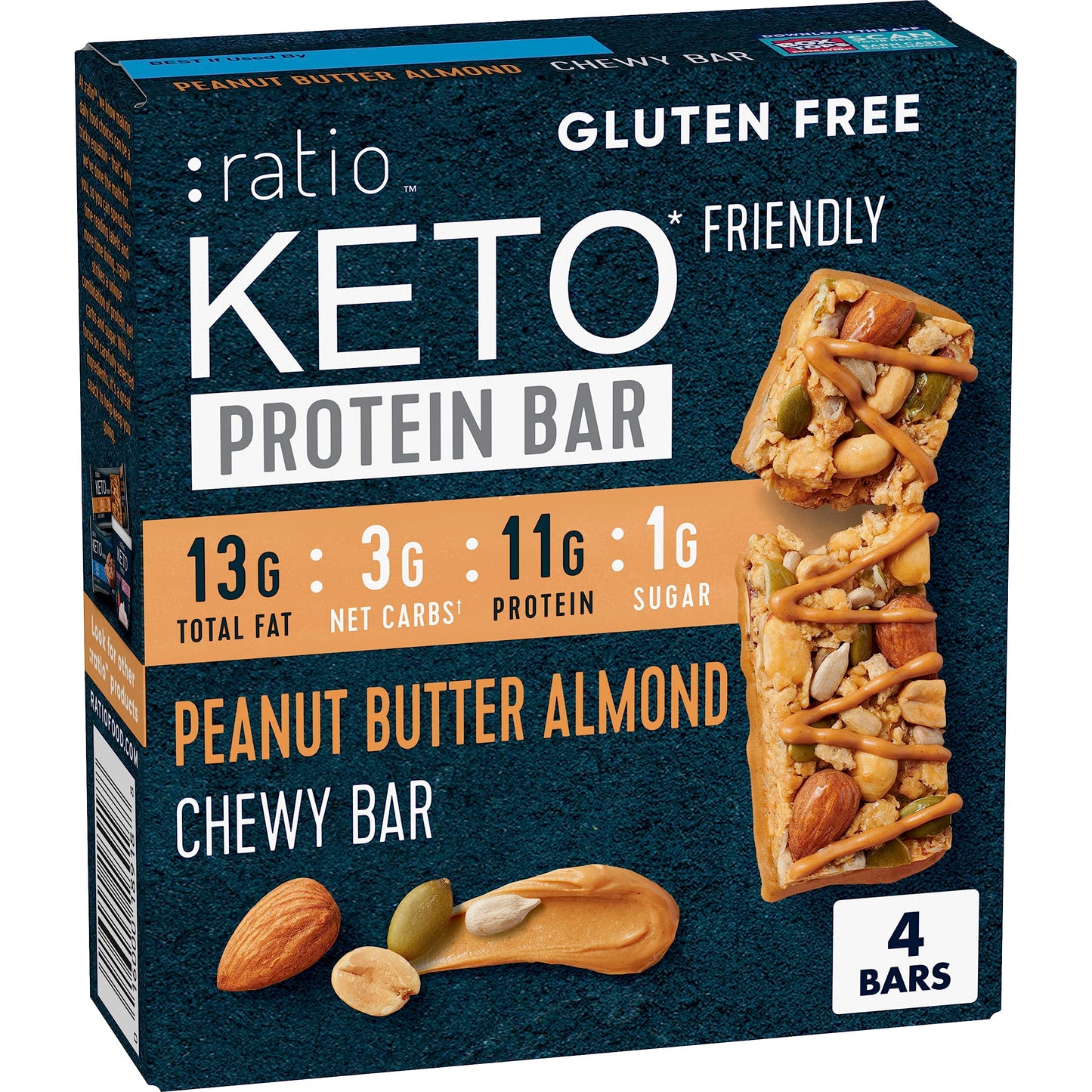 Ratio Chewy Protein Bar, Peanut Butter Almond, 11g Protein, Keto Friendly, 5.64 oz (4 Bars)