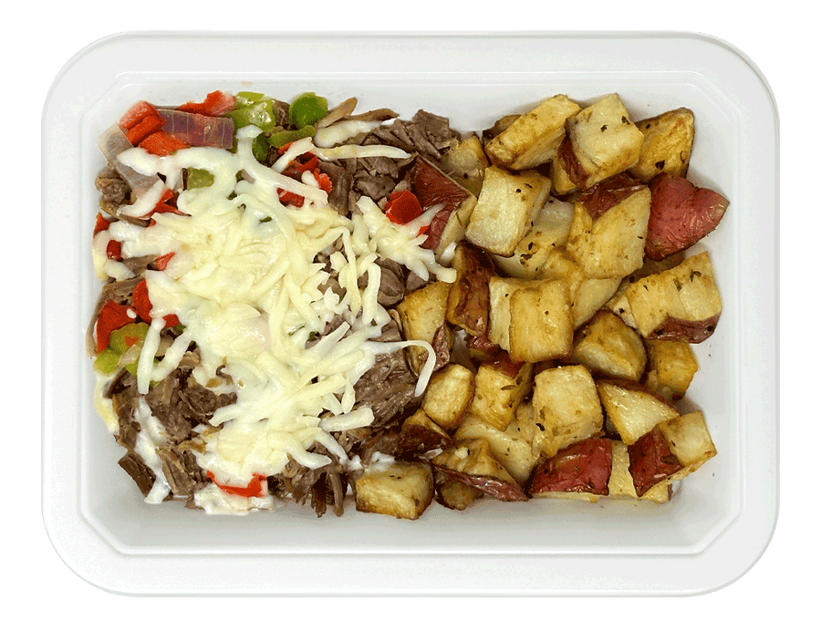 Tri-Color Potato & Ground Beef with Bell Peppers and Shredded White Cheese