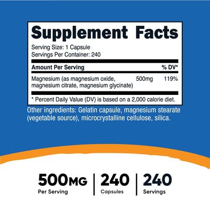 Nutricost Magnesium Complex 500mg, 240 Capsules - Magnesium Oxide, Citrate, and Glycinate - Gluten Free and Non-GMO
