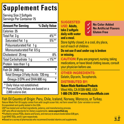 Nature Made Fish Oil 1200 mg Softgels, Fish Oil Supplements, Omega 3 Fish Oil for Healthy Heart Support, Omega 3 Supplement with 100 Softgels, 50 Day Supply