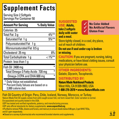 Nature Made Fish Oil 1200 mg Softgels, Fish Oil Supplements, Omega 3 Fish Oil for Healthy Heart Support, Omega 3 Supplement with 100 Softgels, 50 Day Supply
