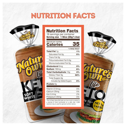 Nature's Own Life Keto Soft White Bread, Net 1 Carb Sliced White Keto Bread, 16 oz Loaf